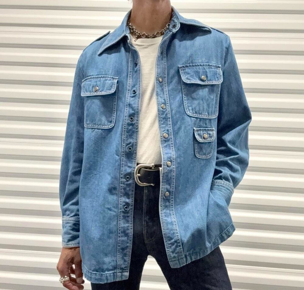 VTG Prime Time 70s Denim Snap Button Down Blue 42 US 10